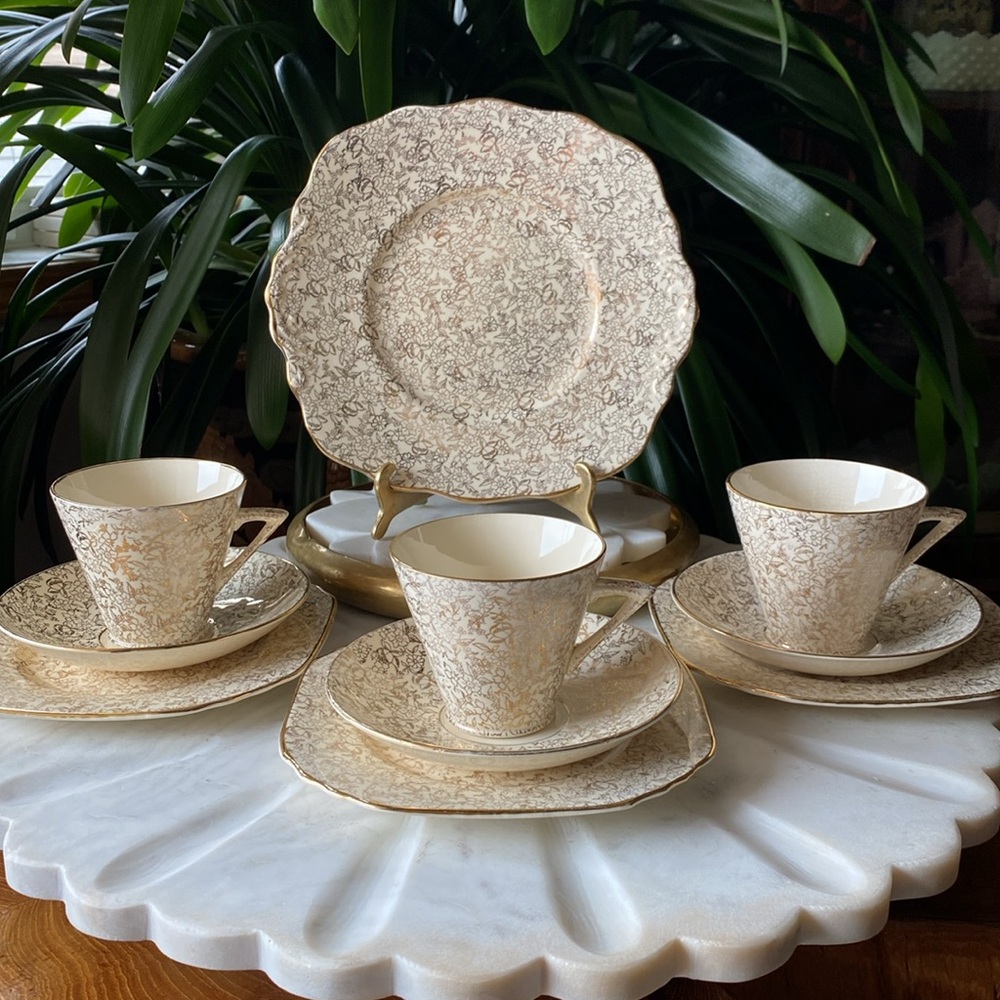 Rare 10 Piece Phoenix T.F.&S. Gold Brocade Cake Serving Plate + 3 Sets of Trios